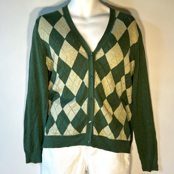 Cherokee SZ XXL Vintage Green Argyle Cardigan Classic Preppy Academia Old Money - Picture 1 of 9